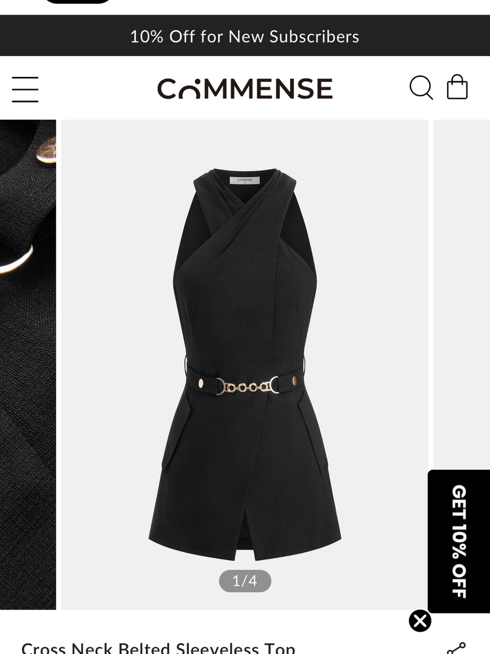 Commense Black Cross-Neck Top with Belt